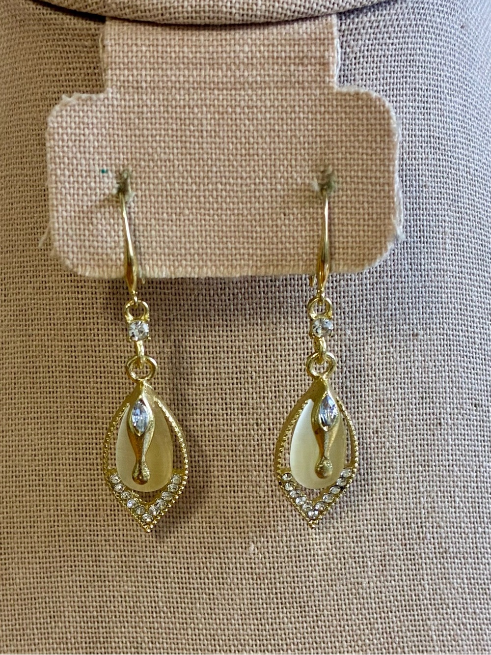 Gold Teardrop Dangle Earrings with Clear Crystal Accents